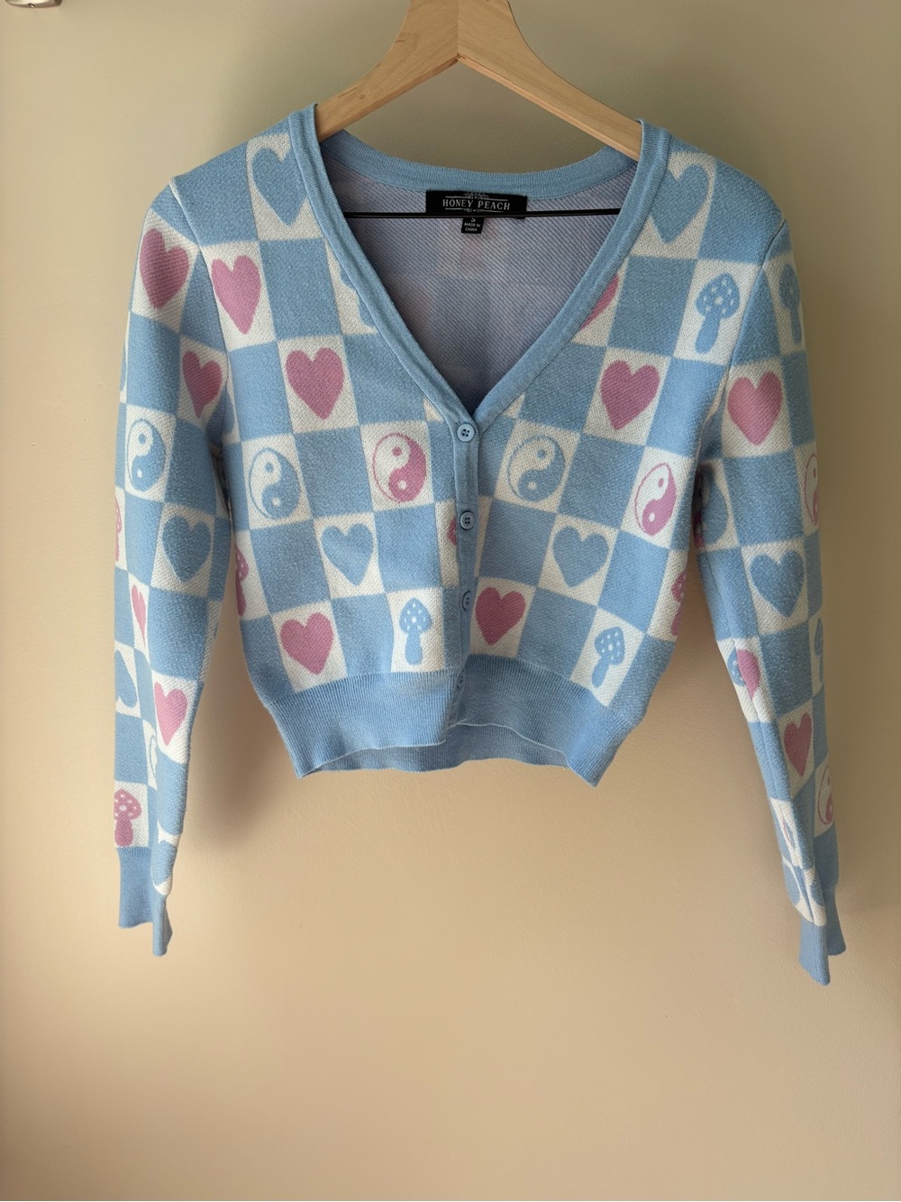 HONEY PEACH Blue Mushroom Yang-Yung Heart Patterned Cardigan Sweater Y2K Size S